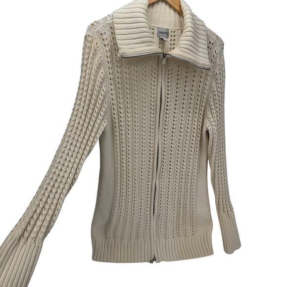 Chico's Sweater Womens Large Cream Pointelle Open Knit Full Zip Cardigan Coastal - Picture 3 of 8